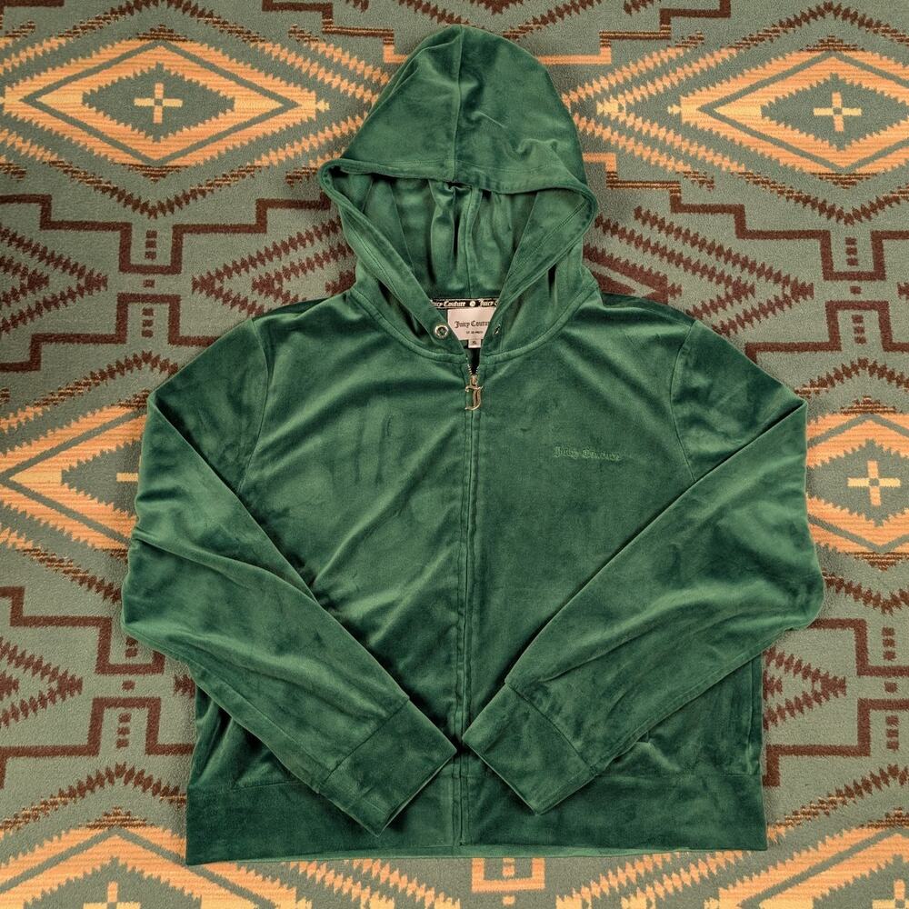 Juicy Couture Green Velour Zip Up Hoodie Y2K Style Cropped Jacket Large/XL